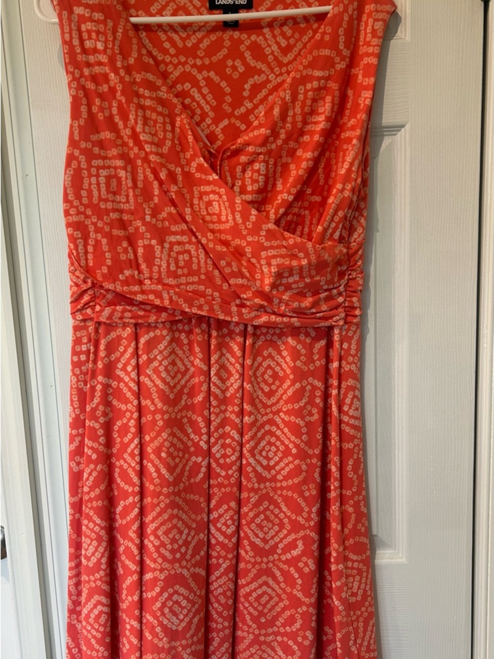 Lands' End Coral and White Sleeveless Wrap-Front Maxi Dress